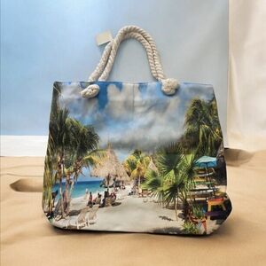 Tropical Beach Print Canvas Tote Bag with Rope Handles - Blue
